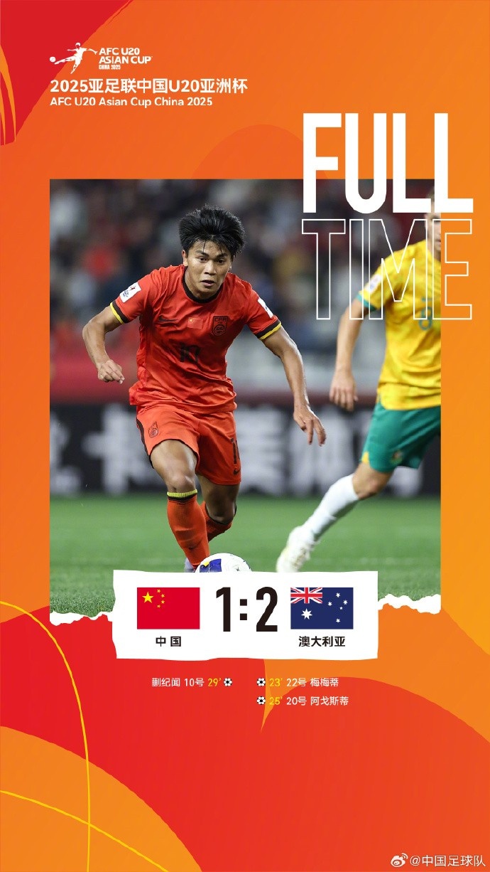 U20亞洲杯小組賽A組第三輪，中國隊1比2負于澳大利亞隊