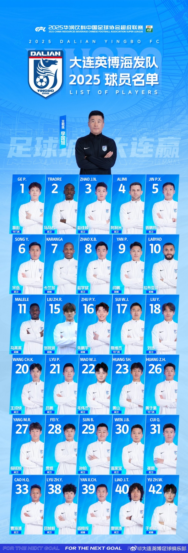  大連英博一線隊(duì)名單：10號拉布亞德領(lǐng)銜五外援，共30名球員入選